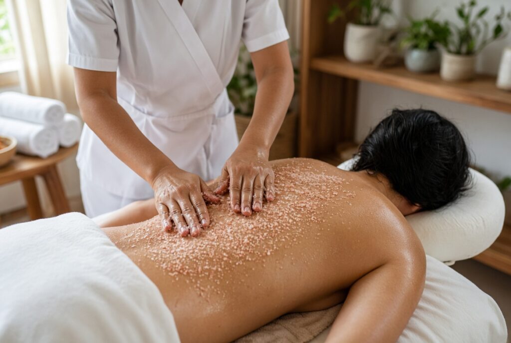 alt="AI created picture of body scrub with salt massage procedure at Agniveda"