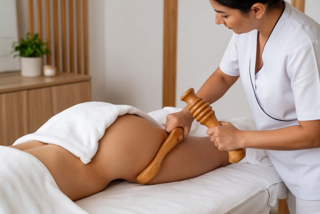 alt="AI created picture of wooden/madero massage procedure at Agniveda"